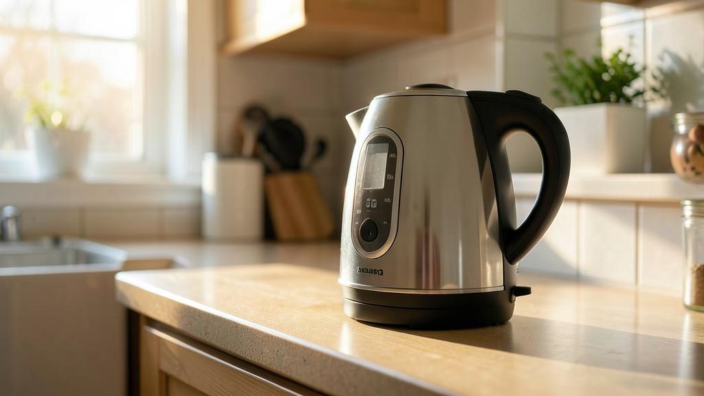 An electric kettle on a sunlit kitchen counter