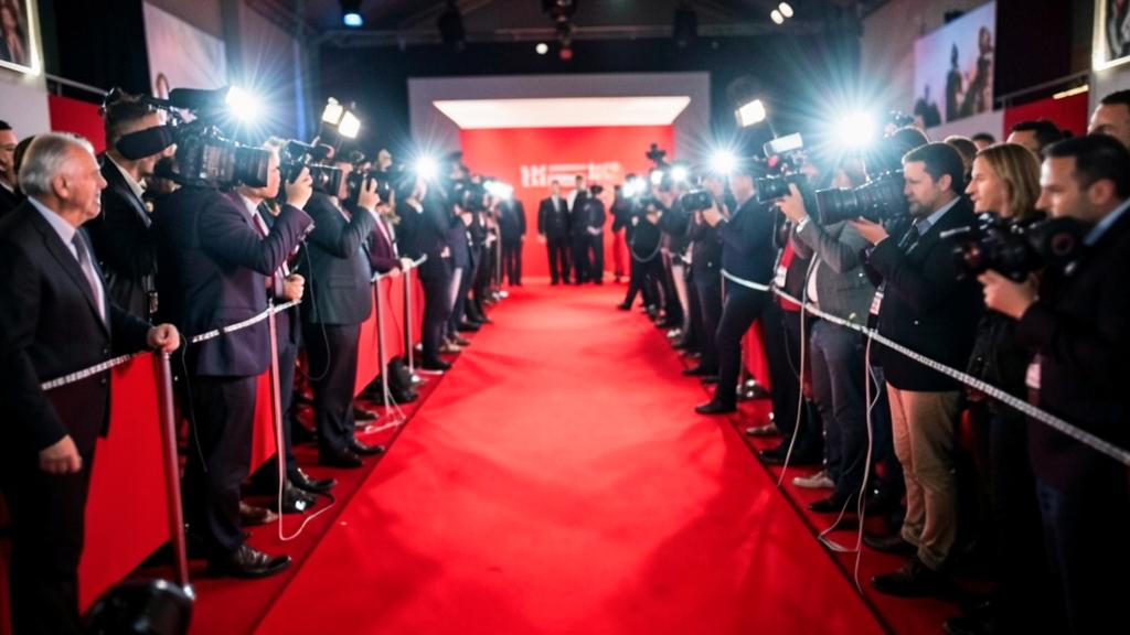 Press photographers lined along a red carpet with flashes firing