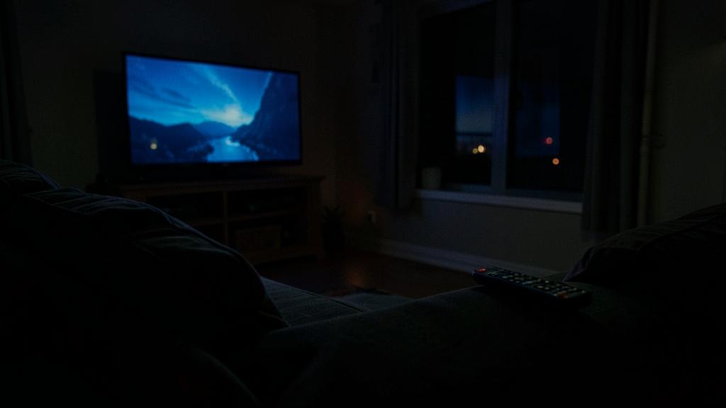 A television glowing in a dark living room with a remote on the sofa